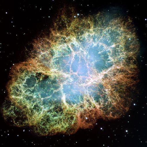 The Crab Nebula, the remains of a supernova which exploded in 1054 AD.  This picture was taken by the Hubble Space Telescope.